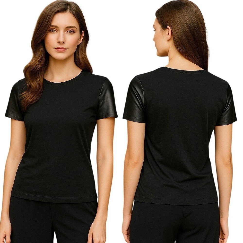 Vince Black Dark Gray Lamb Leather & Cotton Short Sleeve Tee Top Size M NWT